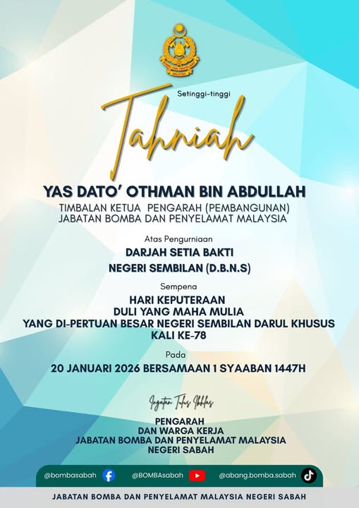 YAS Dato Othman bin Abdullah Timbalan Ketua Pengarah Pembangunan atas pengurniaan Darjah Setia Bakti Negeri Sembilan D.B.N.S Negeri Sembilan