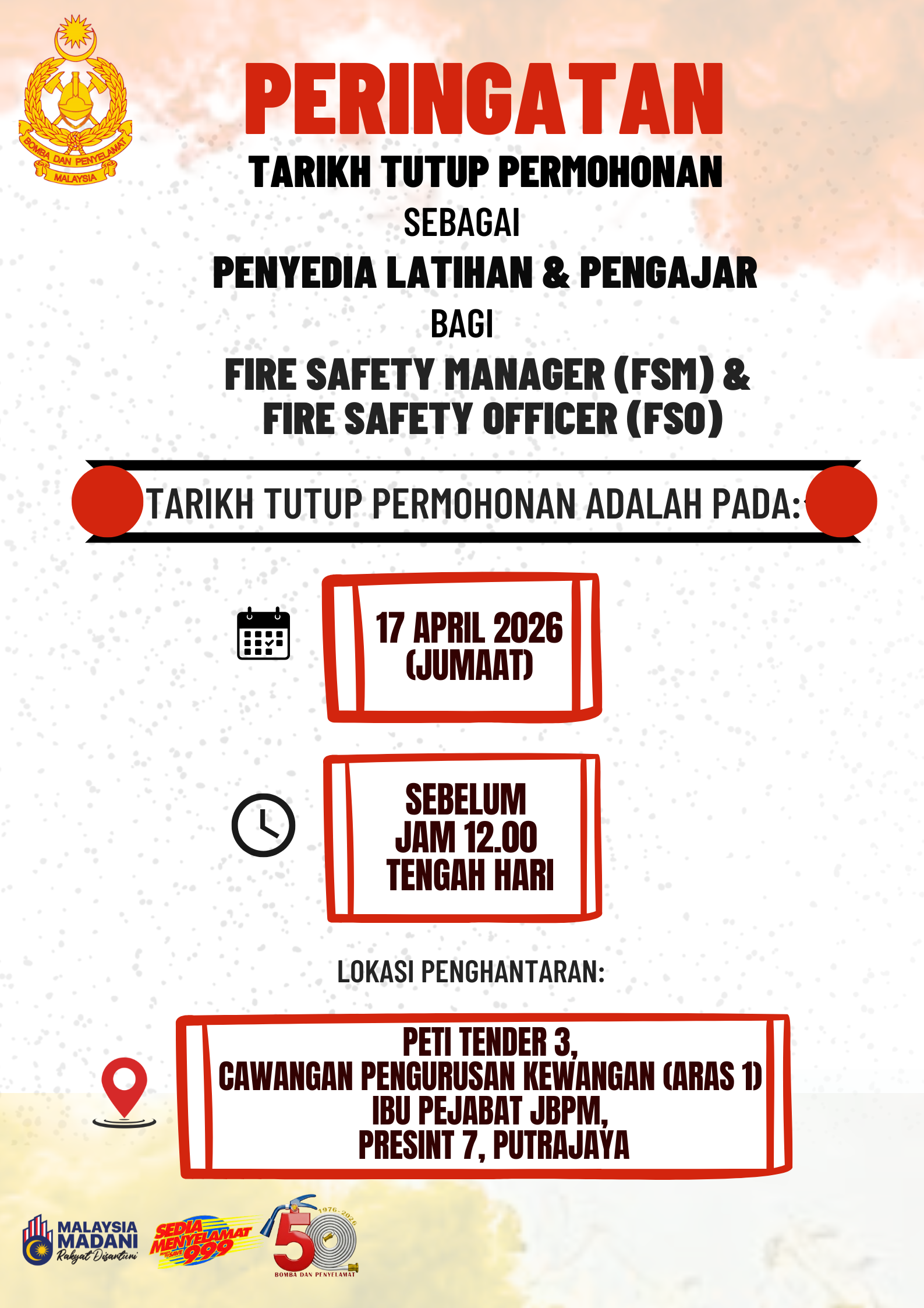 TARIKH TUTUP PERMOHONAN SEBAGAI PENYEDIA LATIHAN DAN PENGAJAR FSM & FSO